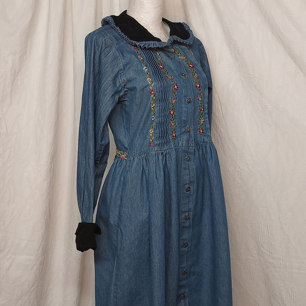 Rare Vintage 90s FADS Prairie Cottagecore Embroidered Denim Prairie Dream Dress - Picture 9 of 14